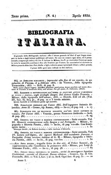 Bibliografia italiana, ossia elenco generale delle opere d'ogni specie e d'ogni lingua stampate in Italia e delle italiane pubblicate all'estero