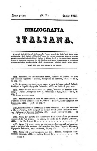 Bibliografia italiana, ossia elenco generale delle opere d'ogni specie e d'ogni lingua stampate in Italia e delle italiane pubblicate all'estero