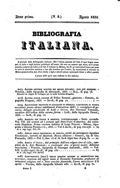 Bibliografia italiana, ossia elenco generale delle opere d'ogni specie e d'ogni lingua stampate in Italia e delle italiane pubblicate all'estero