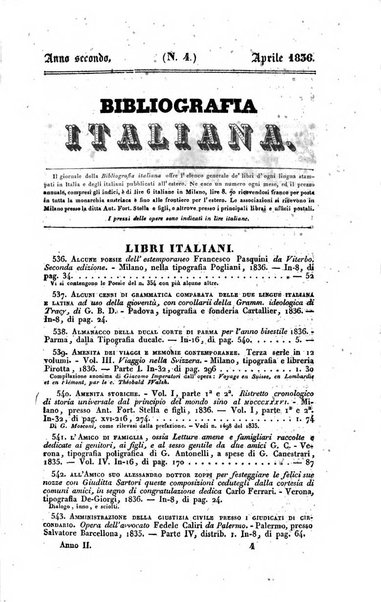 Bibliografia italiana, ossia elenco generale delle opere d'ogni specie e d'ogni lingua stampate in Italia e delle italiane pubblicate all'estero