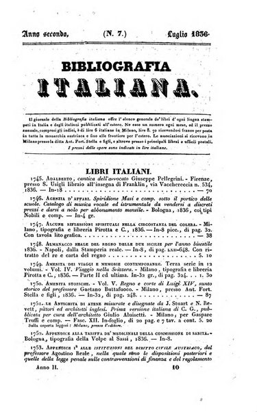 Bibliografia italiana, ossia elenco generale delle opere d'ogni specie e d'ogni lingua stampate in Italia e delle italiane pubblicate all'estero