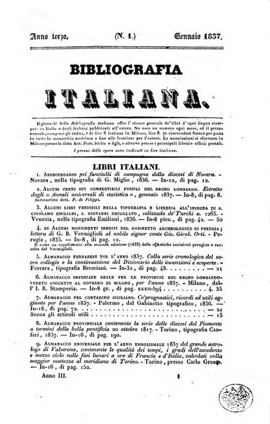 Bibliografia italiana, ossia elenco generale delle opere d'ogni specie e d'ogni lingua stampate in Italia e delle italiane pubblicate all'estero