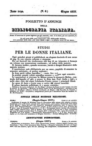 Bibliografia italiana, ossia elenco generale delle opere d'ogni specie e d'ogni lingua stampate in Italia e delle italiane pubblicate all'estero