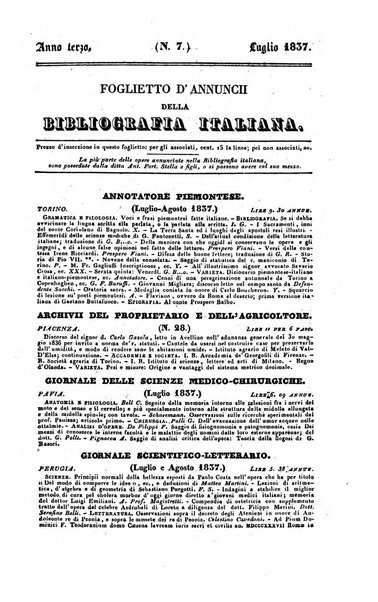 Bibliografia italiana, ossia elenco generale delle opere d'ogni specie e d'ogni lingua stampate in Italia e delle italiane pubblicate all'estero