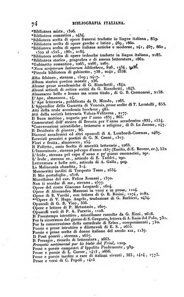 Bibliografia italiana, ossia elenco generale delle opere d'ogni specie e d'ogni lingua stampate in Italia e delle italiane pubblicate all'estero