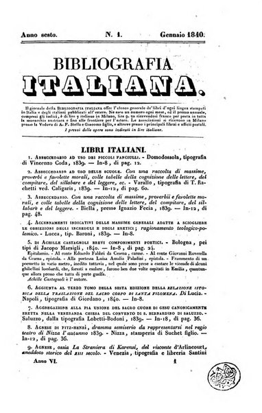 Bibliografia italiana, ossia elenco generale delle opere d'ogni specie e d'ogni lingua stampate in Italia e delle italiane pubblicate all'estero