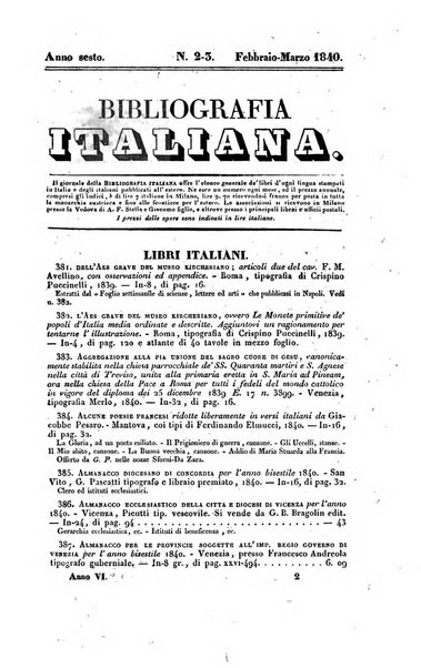 Bibliografia italiana, ossia elenco generale delle opere d'ogni specie e d'ogni lingua stampate in Italia e delle italiane pubblicate all'estero