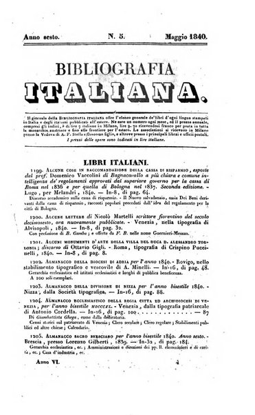 Bibliografia italiana, ossia elenco generale delle opere d'ogni specie e d'ogni lingua stampate in Italia e delle italiane pubblicate all'estero