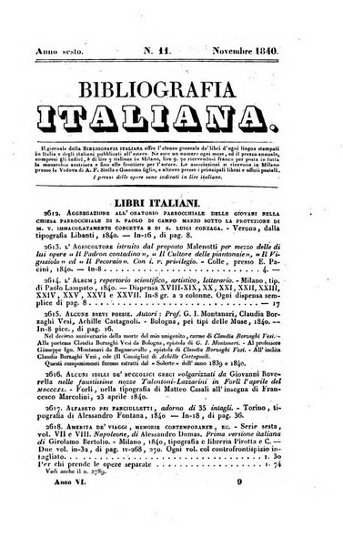 Bibliografia italiana, ossia elenco generale delle opere d'ogni specie e d'ogni lingua stampate in Italia e delle italiane pubblicate all'estero