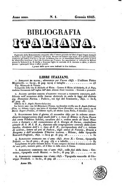 Bibliografia italiana, ossia elenco generale delle opere d'ogni specie e d'ogni lingua stampate in Italia e delle italiane pubblicate all'estero