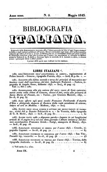 Bibliografia italiana, ossia elenco generale delle opere d'ogni specie e d'ogni lingua stampate in Italia e delle italiane pubblicate all'estero