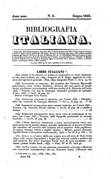 Bibliografia italiana, ossia elenco generale delle opere d'ogni specie e d'ogni lingua stampate in Italia e delle italiane pubblicate all'estero