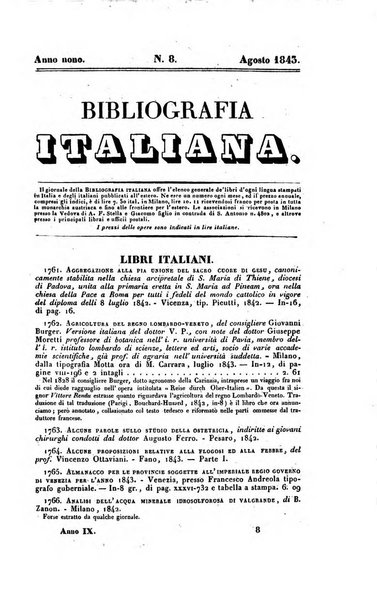 Bibliografia italiana, ossia elenco generale delle opere d'ogni specie e d'ogni lingua stampate in Italia e delle italiane pubblicate all'estero