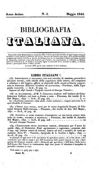 Bibliografia italiana, ossia elenco generale delle opere d'ogni specie e d'ogni lingua stampate in Italia e delle italiane pubblicate all'estero