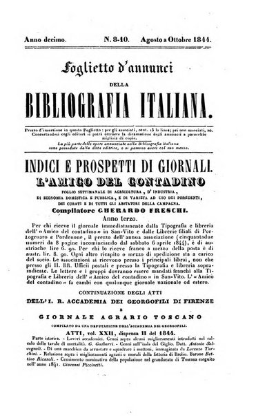 Bibliografia italiana, ossia elenco generale delle opere d'ogni specie e d'ogni lingua stampate in Italia e delle italiane pubblicate all'estero