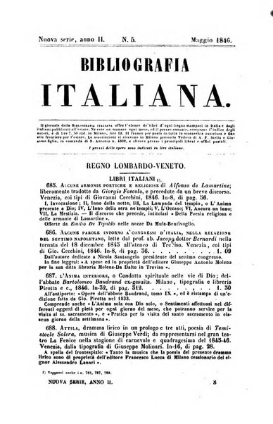 Bibliografia italiana, ossia elenco generale delle opere d'ogni specie e d'ogni lingua stampate in Italia e delle italiane pubblicate all'estero