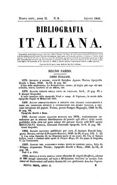 Bibliografia italiana, ossia elenco generale delle opere d'ogni specie e d'ogni lingua stampate in Italia e delle italiane pubblicate all'estero