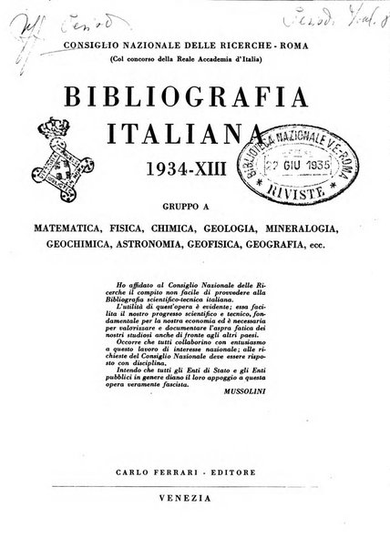 Bibliografia italiana. Gruppo A, Scienze matematiche, fisiche e biologiche, geografia