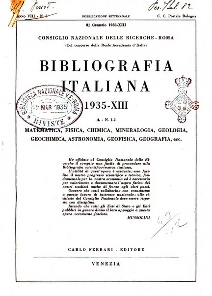 Bibliografia italiana. Gruppo A, Scienze matematiche, fisiche e biologiche, geografia