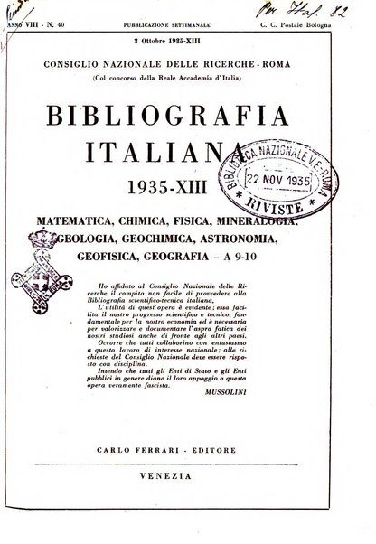 Bibliografia italiana. Gruppo A, Scienze matematiche, fisiche e biologiche, geografia