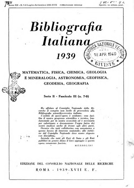 Bibliografia italiana. Gruppo A, Scienze matematiche, fisiche e biologiche, geografia