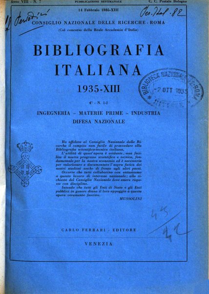 Bibliografia italiana. Gruppo C, Ingegneria, industria, difesa nazionale