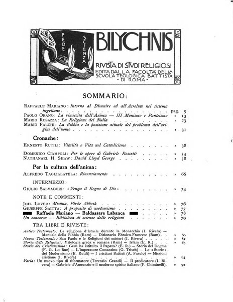 Bilychnis rivista di studi religiosi, edita dalla Facoltà della Scuola teologica battista di Roma