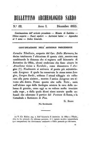 Bullettino archeologico sardo, ossia raccolta dei monumenti antichi in ogni genere di tutta l'isola di Sardegna