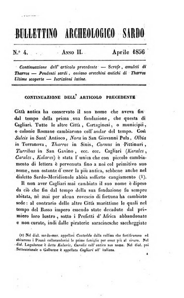 Bullettino archeologico sardo, ossia raccolta dei monumenti antichi in ogni genere di tutta l'isola di Sardegna