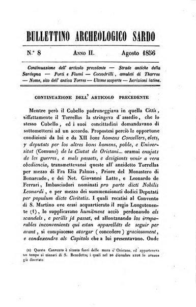 Bullettino archeologico sardo, ossia raccolta dei monumenti antichi in ogni genere di tutta l'isola di Sardegna