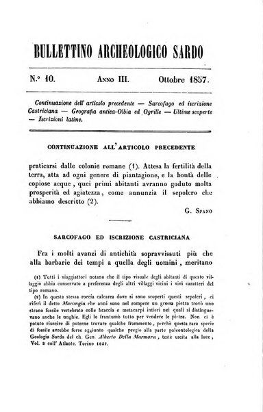 Bullettino archeologico sardo, ossia raccolta dei monumenti antichi in ogni genere di tutta l'isola di Sardegna