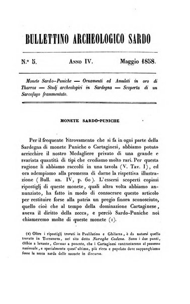Bullettino archeologico sardo, ossia raccolta dei monumenti antichi in ogni genere di tutta l'isola di Sardegna
