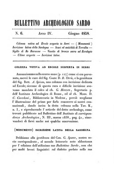 Bullettino archeologico sardo, ossia raccolta dei monumenti antichi in ogni genere di tutta l'isola di Sardegna