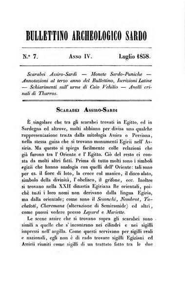 Bullettino archeologico sardo, ossia raccolta dei monumenti antichi in ogni genere di tutta l'isola di Sardegna