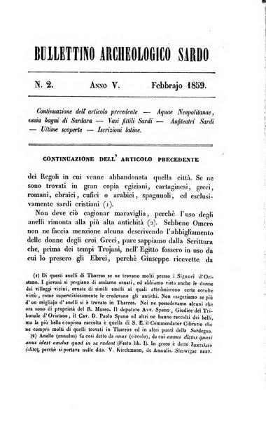 Bullettino archeologico sardo, ossia raccolta dei monumenti antichi in ogni genere di tutta l'isola di Sardegna