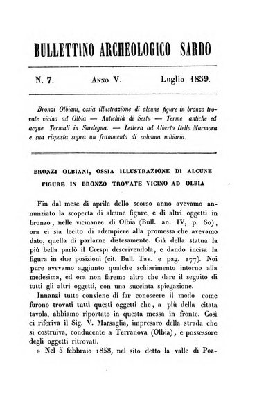 Bullettino archeologico sardo, ossia raccolta dei monumenti antichi in ogni genere di tutta l'isola di Sardegna