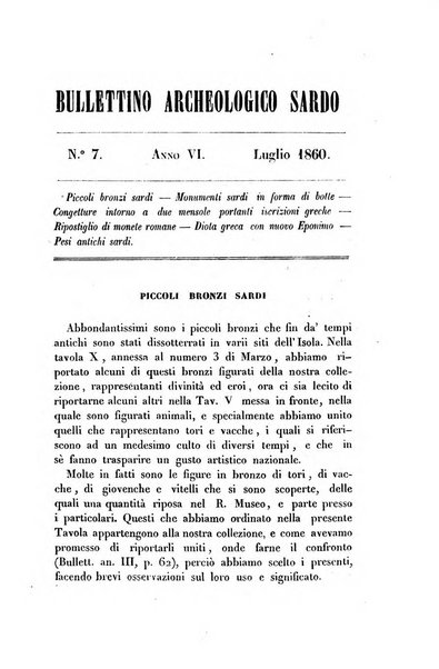 Bullettino archeologico sardo, ossia raccolta dei monumenti antichi in ogni genere di tutta l'isola di Sardegna