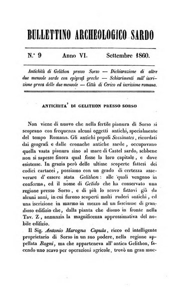 Bullettino archeologico sardo, ossia raccolta dei monumenti antichi in ogni genere di tutta l'isola di Sardegna
