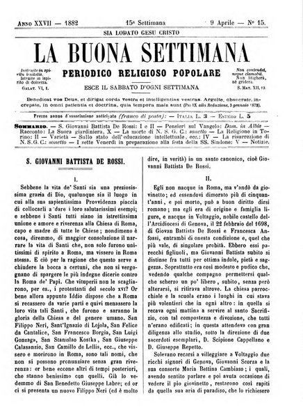 La buona settimana foglio periodico religioso popolare