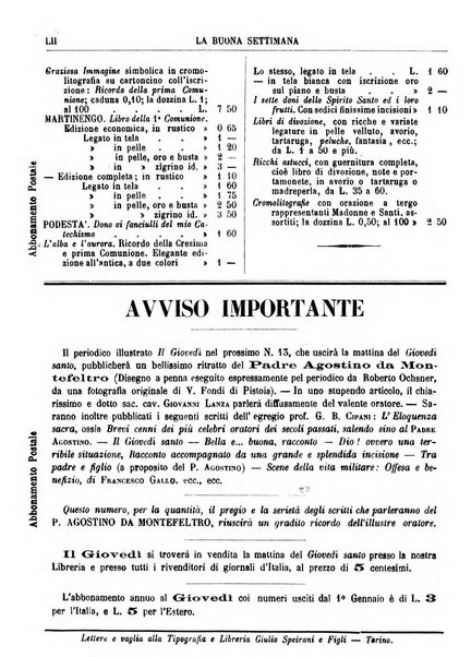 La buona settimana foglio periodico religioso popolare