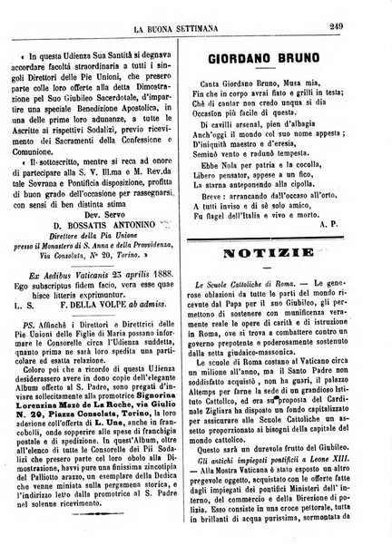 La buona settimana foglio periodico religioso popolare