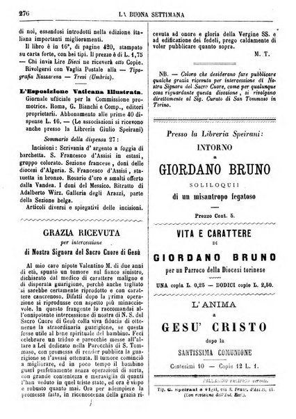 La buona settimana foglio periodico religioso popolare