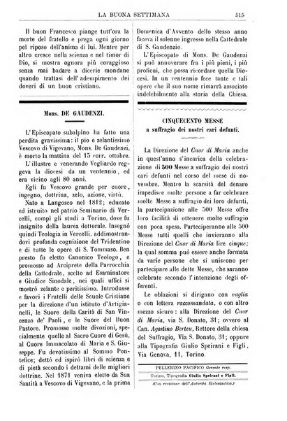 La buona settimana foglio periodico religioso popolare