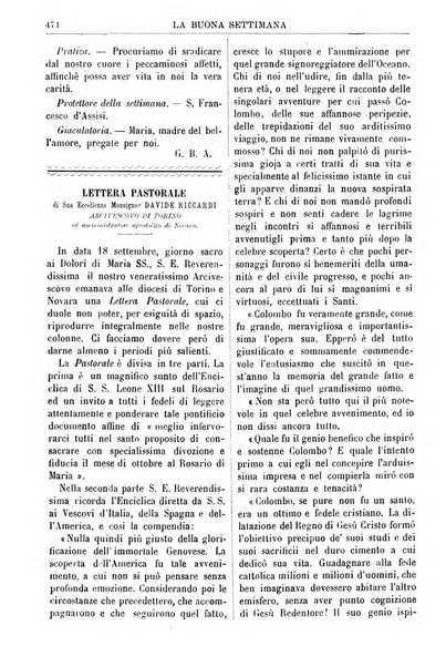 La buona settimana foglio periodico religioso popolare