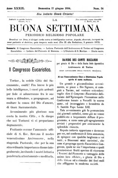 La buona settimana foglio periodico religioso popolare