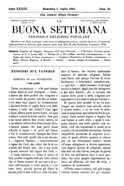 La buona settimana foglio periodico religioso popolare