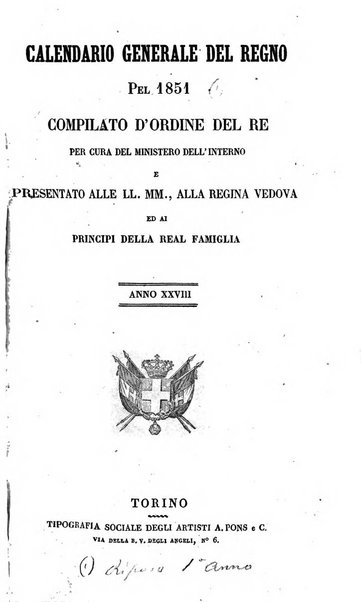 Calendario generale del Regno pel ... compilato d'ordine del Re per cura del Ministero dell'interno ...