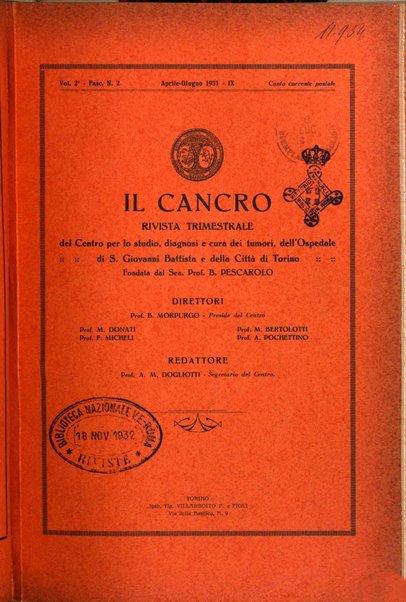 Il Cancro rivista trimestrale del centro per lo studio, diagnosi e cura dei tumori