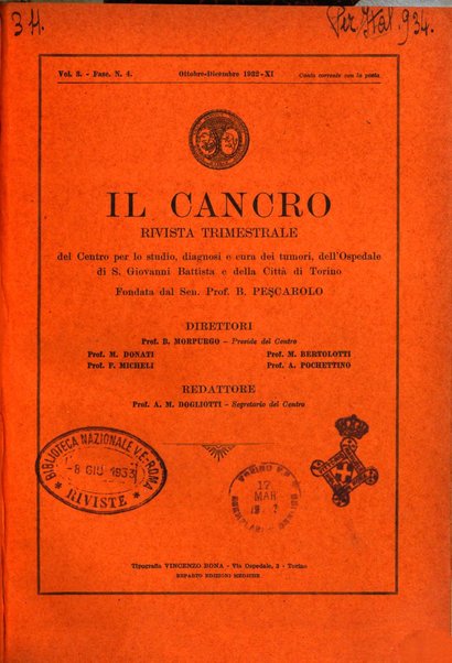 Il Cancro rivista trimestrale del centro per lo studio, diagnosi e cura dei tumori