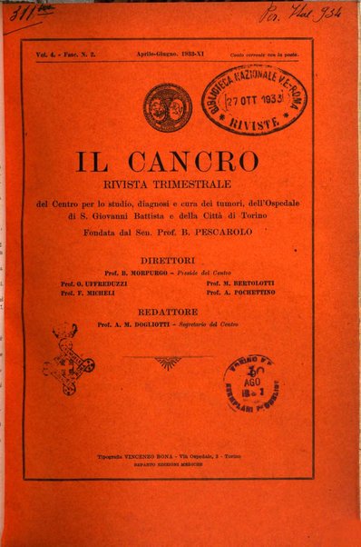 Il Cancro rivista trimestrale del centro per lo studio, diagnosi e cura dei tumori